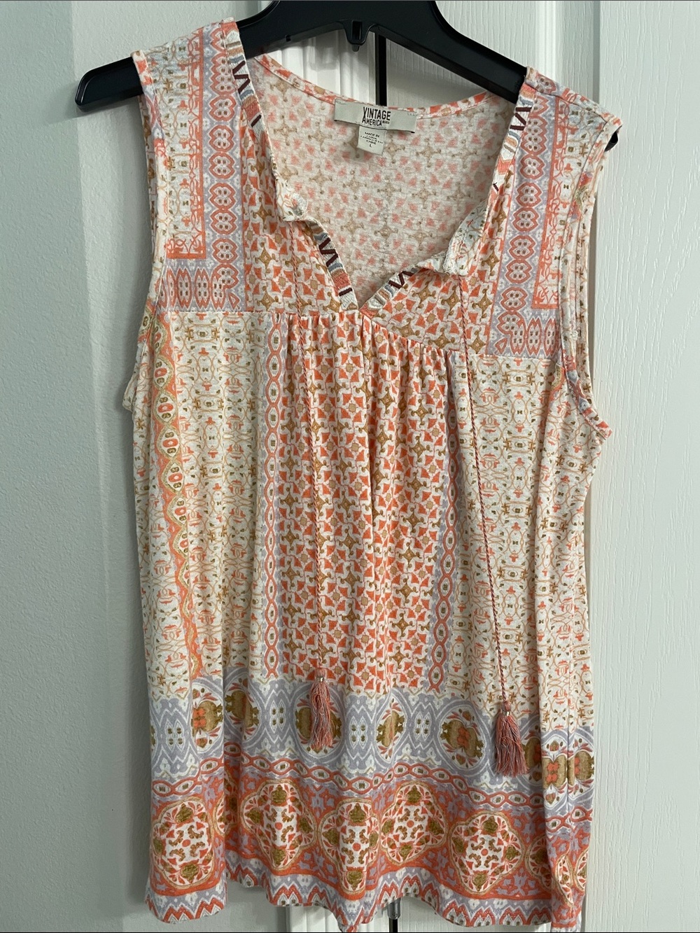 Vintage America Peach & Cream Sleeveless Printed Top